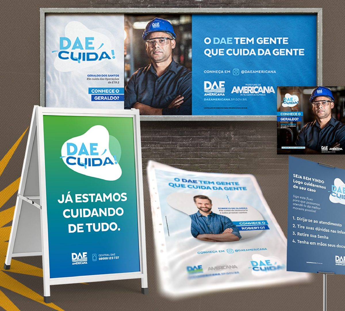 Peças da campanha DAE Cuida!: painel, cavalete de atendimento e material impresso