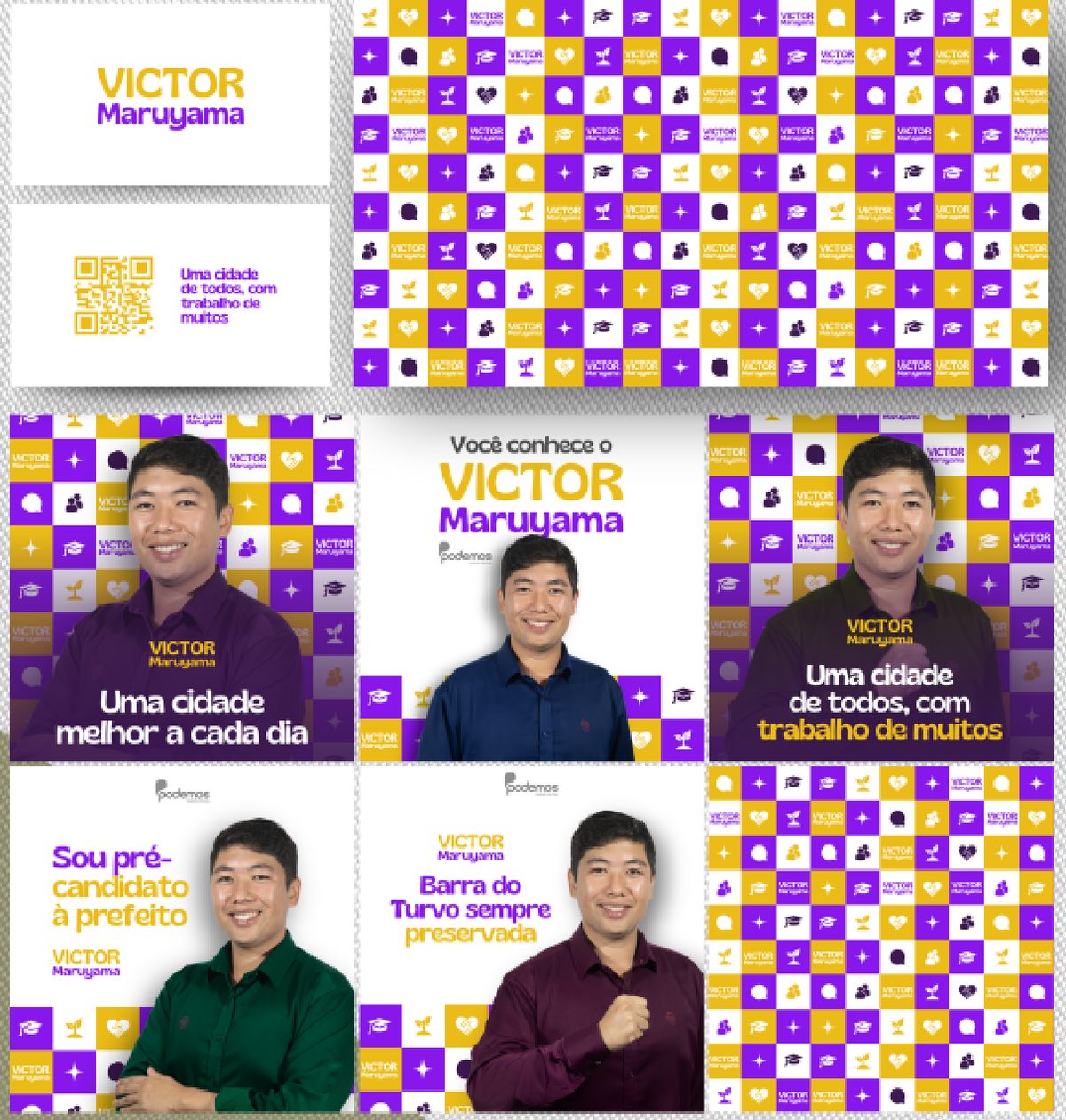 Peças da campanha de Victor Maruyama com padrão gráfico em rosa e amarelo