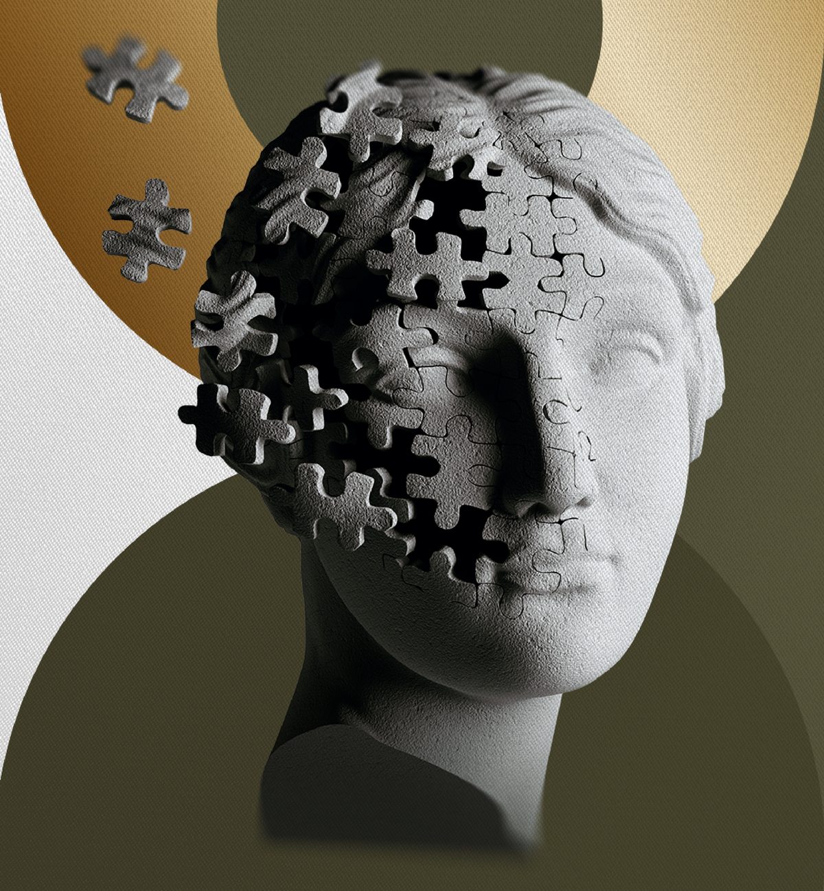 Busto clássico com a face formada por peças de quebra-cabeça