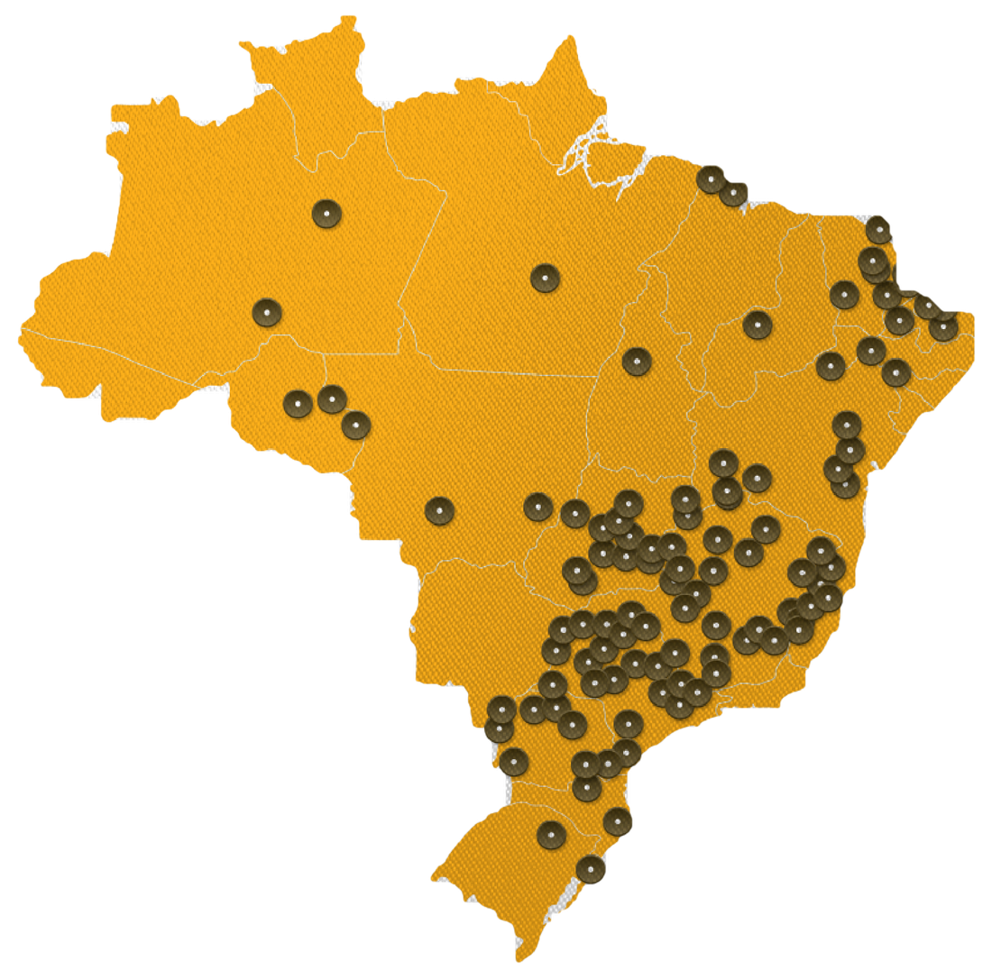 Mapa do Brasil com pontos nas cidades atendidas pela BRV