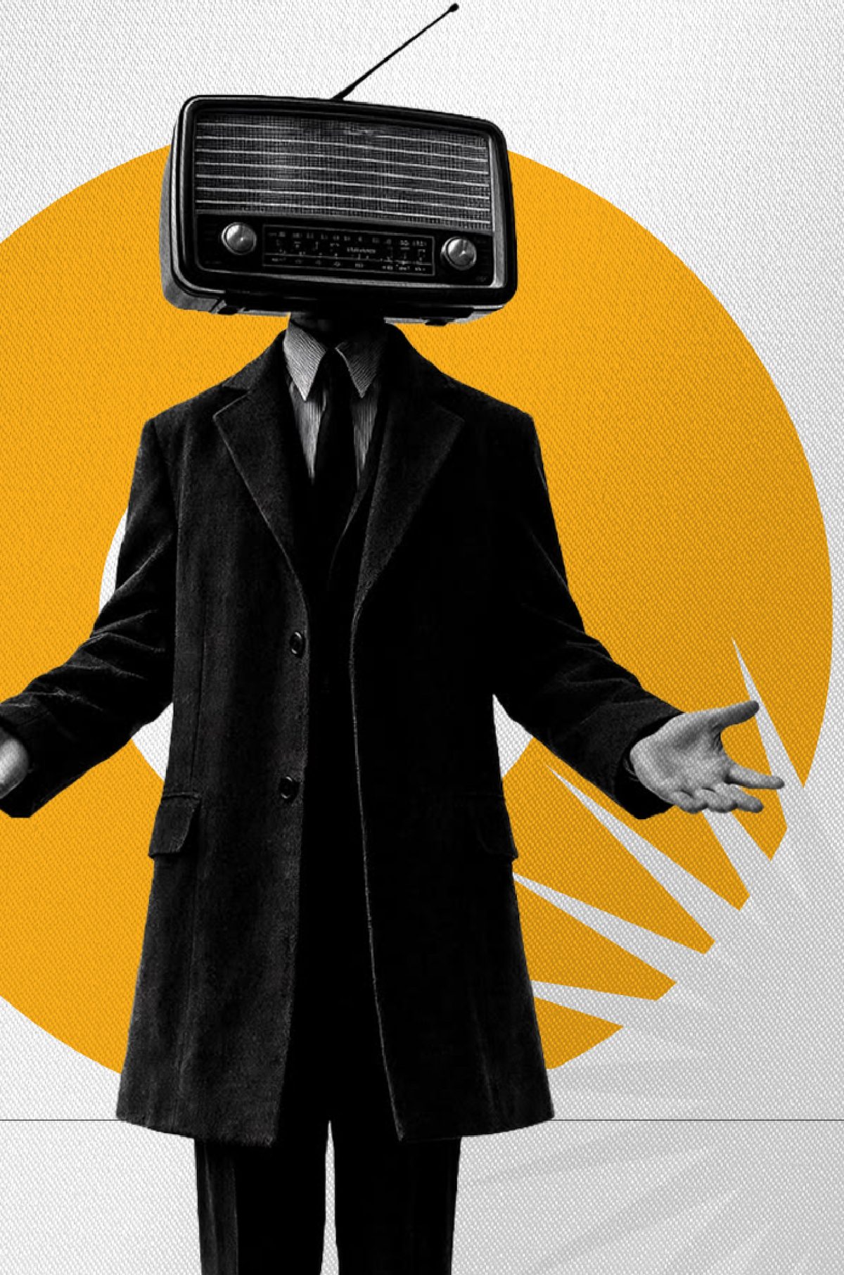 Homem de sobretudo com um rádio antigo na cabeça